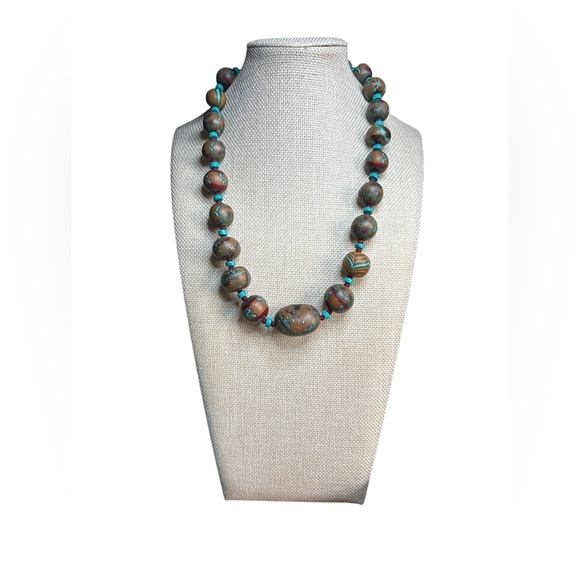 Jewelry - Polymer and Turquoise handmade Graduated Beaded Necklace 22’